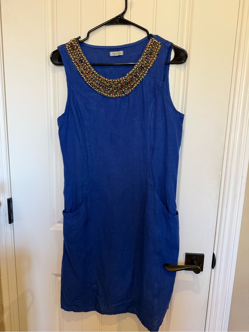 Lina Tomei Sleeveless Blue Mini Dress with Beaded Collar
